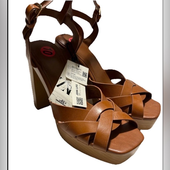 NEW Zara Leather Platform retro chunky Strappy Wooden Heeled Sandals Size 10 - Picture 2 of 6